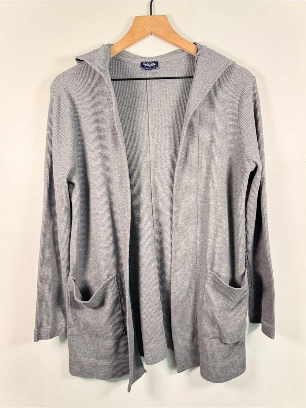 SPLENDID Northside Waffleknit Open Front Gray Pocket Hooded Cardigan Sz M